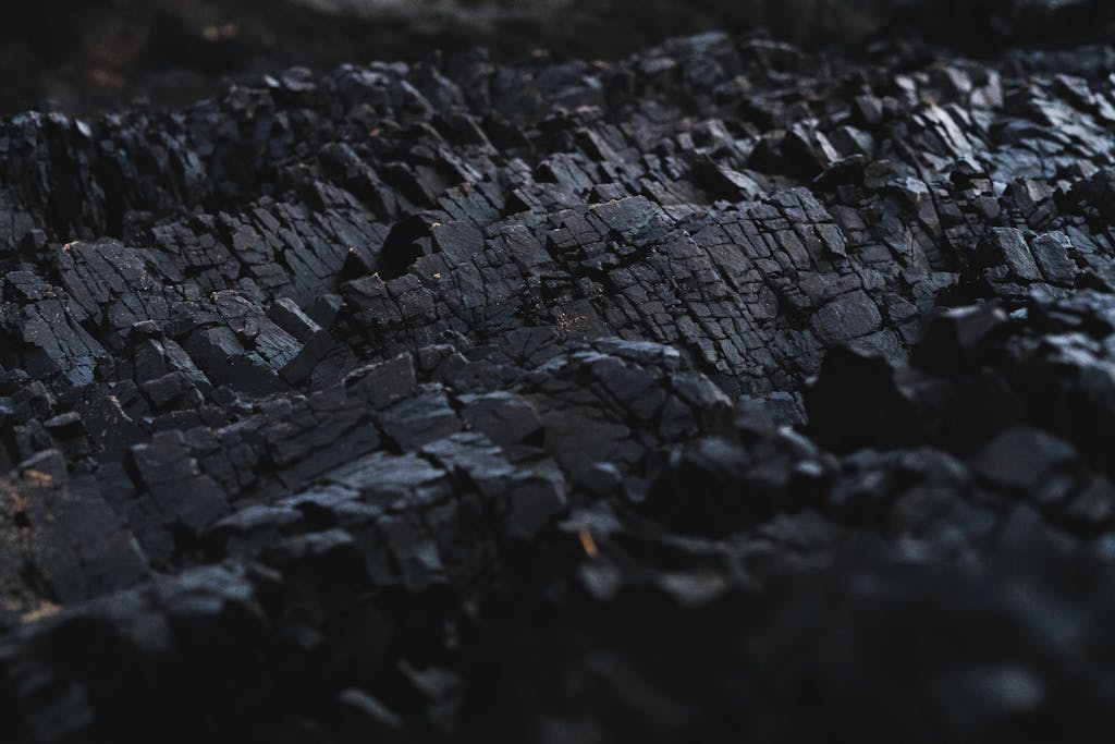 A detailed close-up of dark charcoal texture, showcasing its rough and jagged surface.